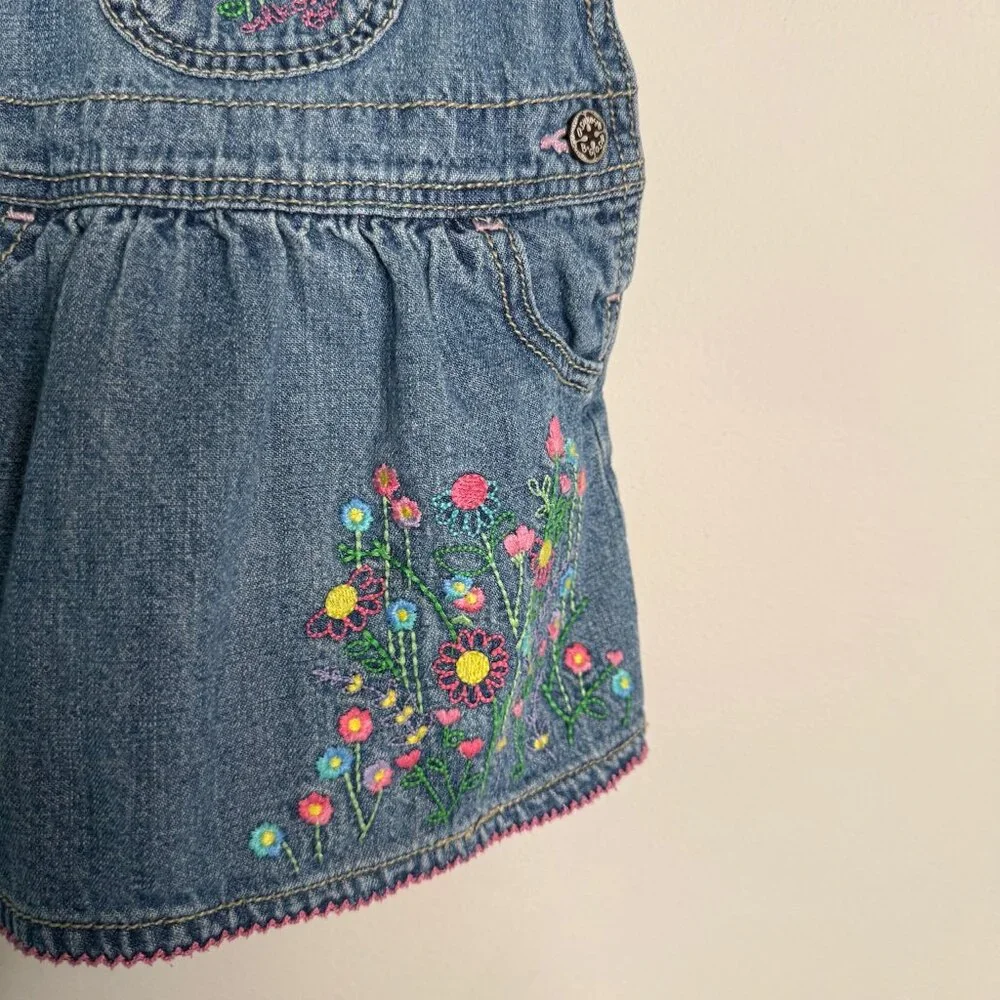 OshKosh B'Gosh Girls Blue Denim Floral Front Pocket Skirt Dress Overalls vintage